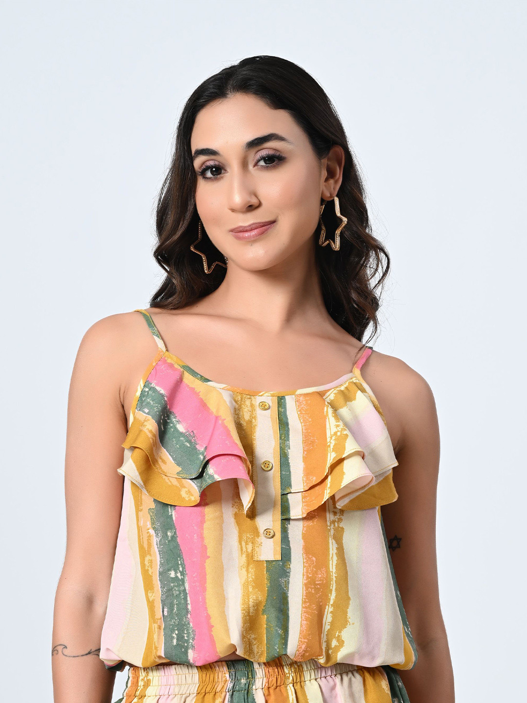 OTIRA Women Vertical Stripes Crepe Cinched Waist Top