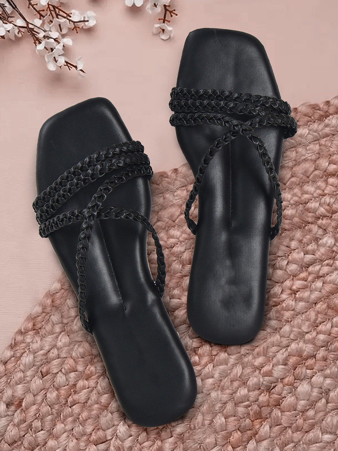 STICY Women Solid Braided Slip-On One Toe Flats