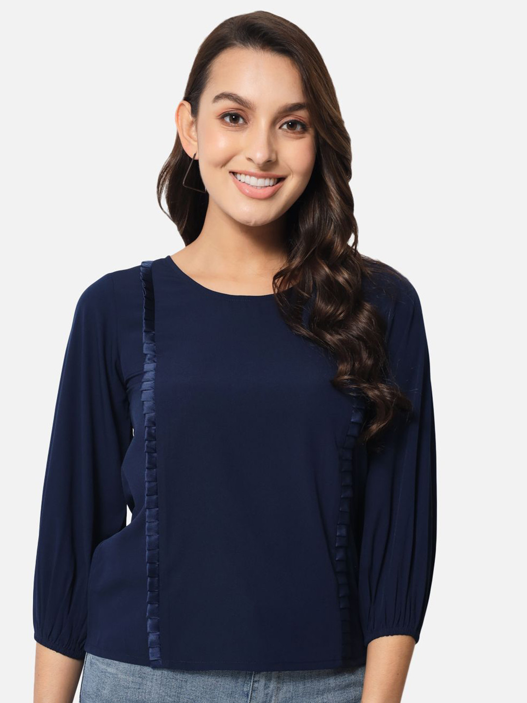 OTIRA Women Lace-Up Round Neck Crepe Top