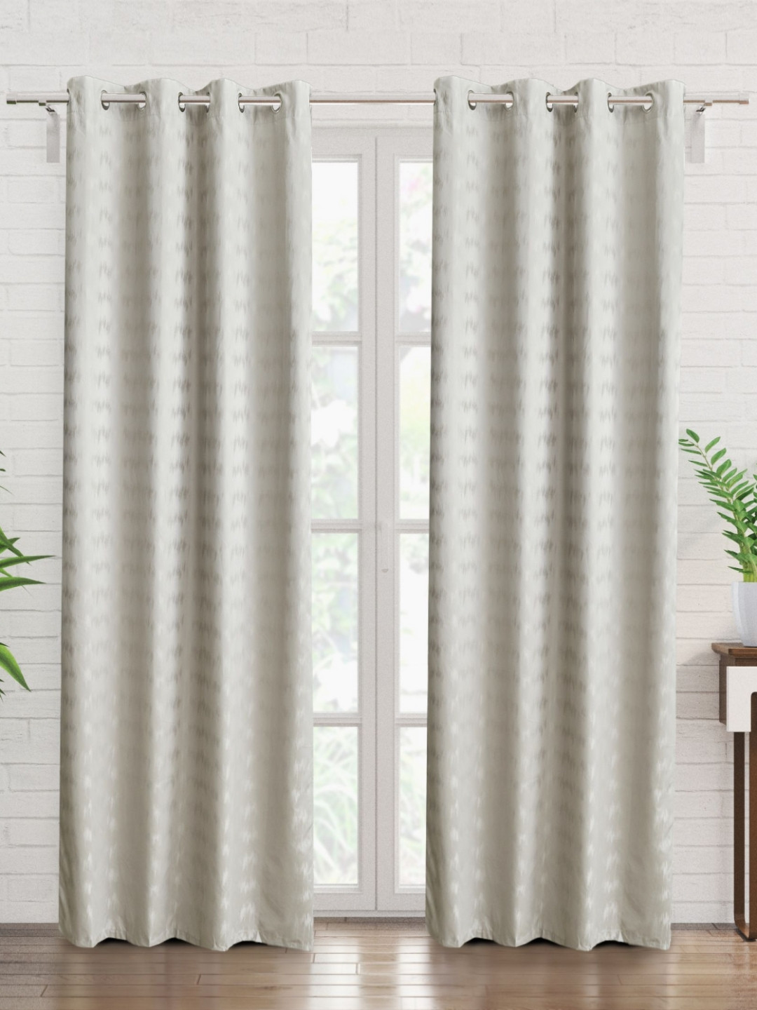 Home Centre Arbor Grey & Cream Colored 2 Pieces Printed Black Out Door Curtains