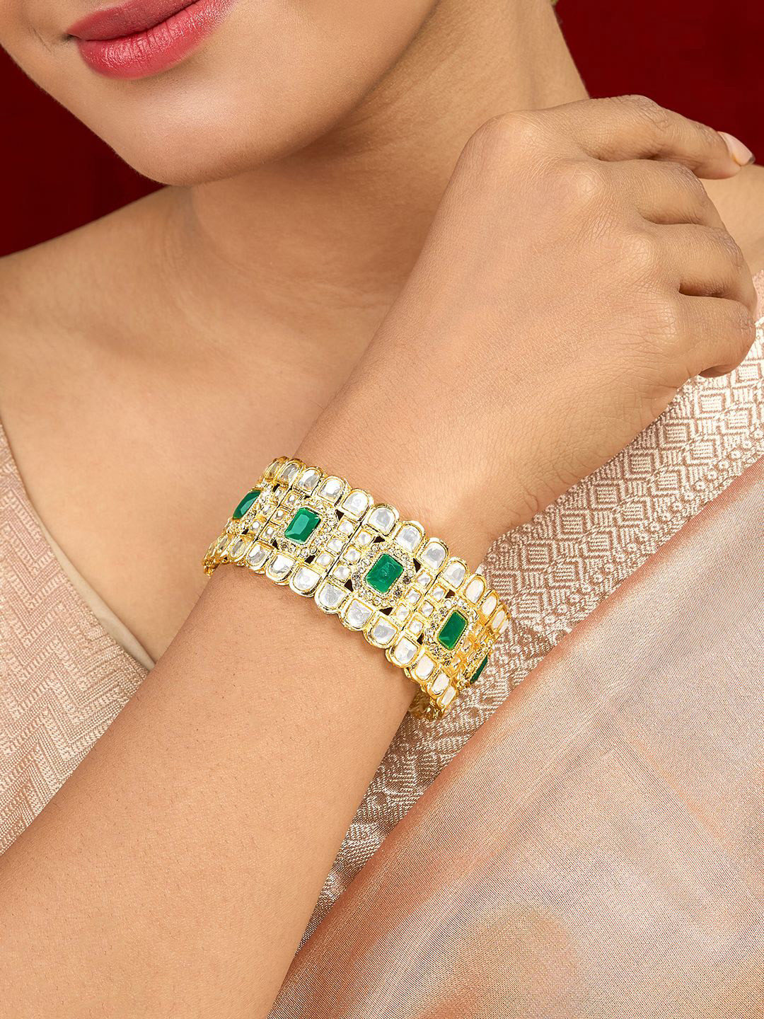 TEEJH Kaarvi Women Enamelled Gold-Plated Artificial Stones Studded Cuff Bracelet