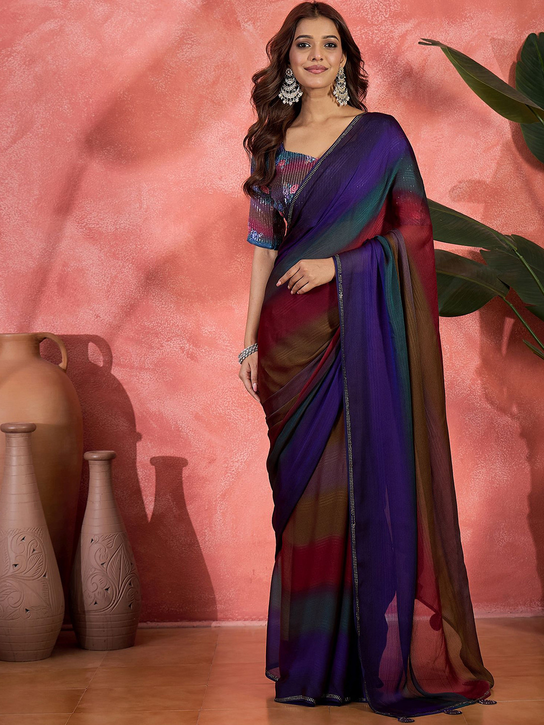 Sangria Colorblocked Silk Saree With Blouse