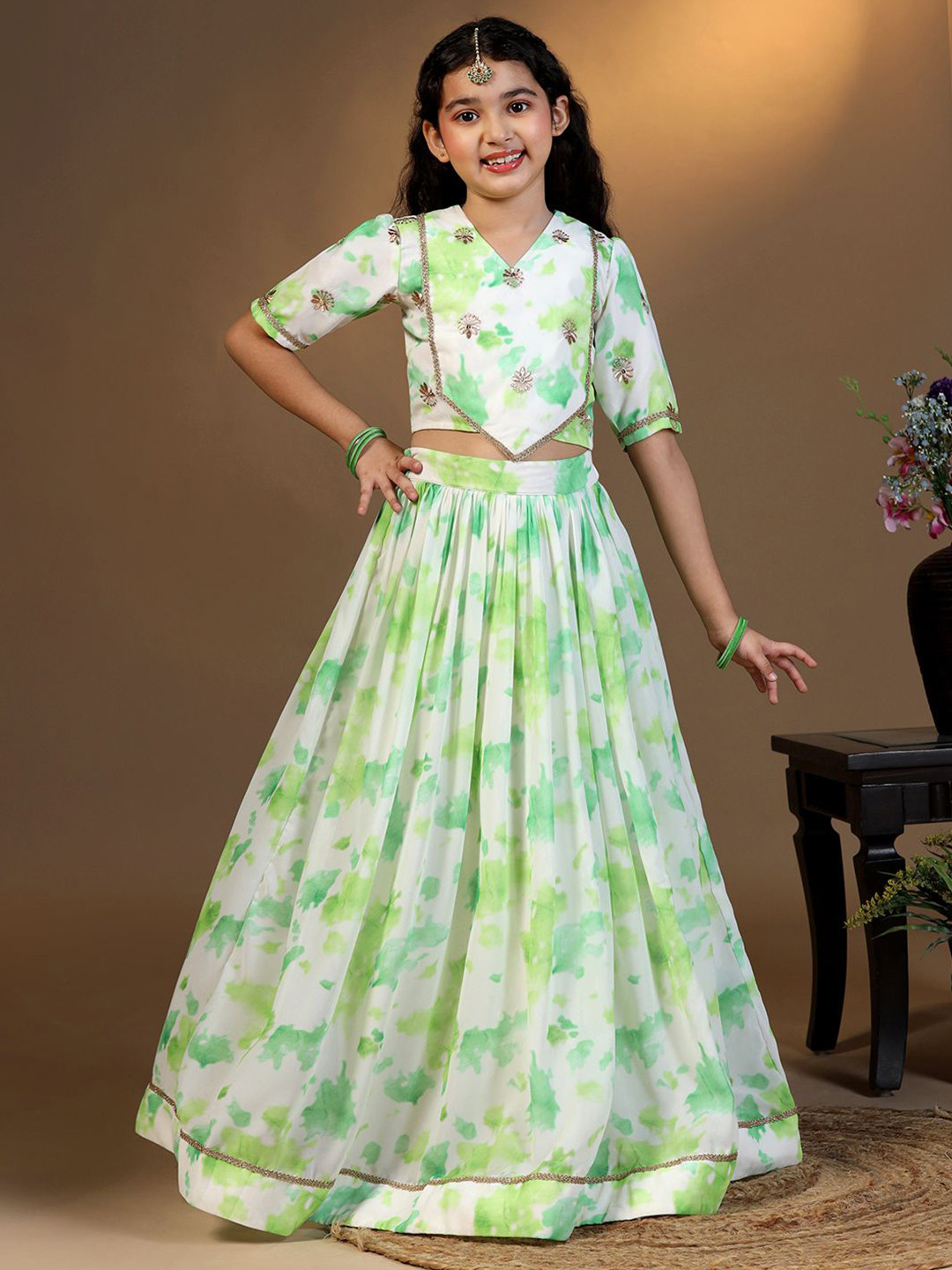 Sangria Girls Tie & Die Printed Thread Work Georgette Ready to Wear Lehenga Choli