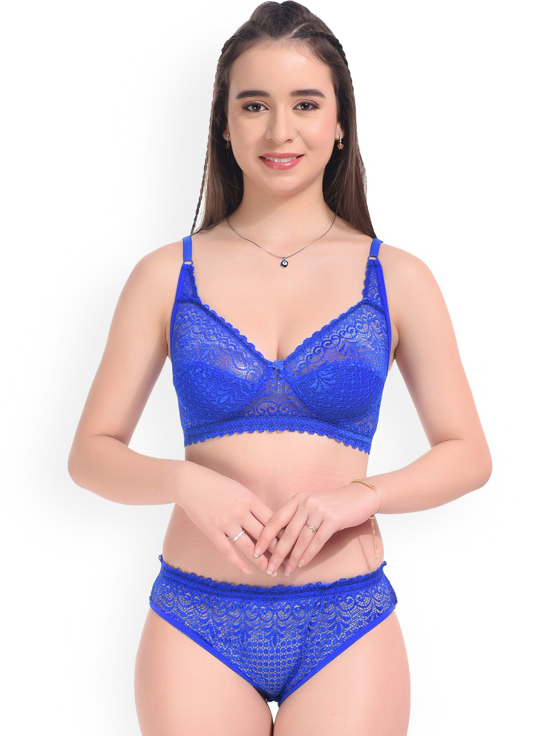 DHANDAI FASHION Self Design Non Padded Lingerie Set Decent Set-Blue (M-2-1P)