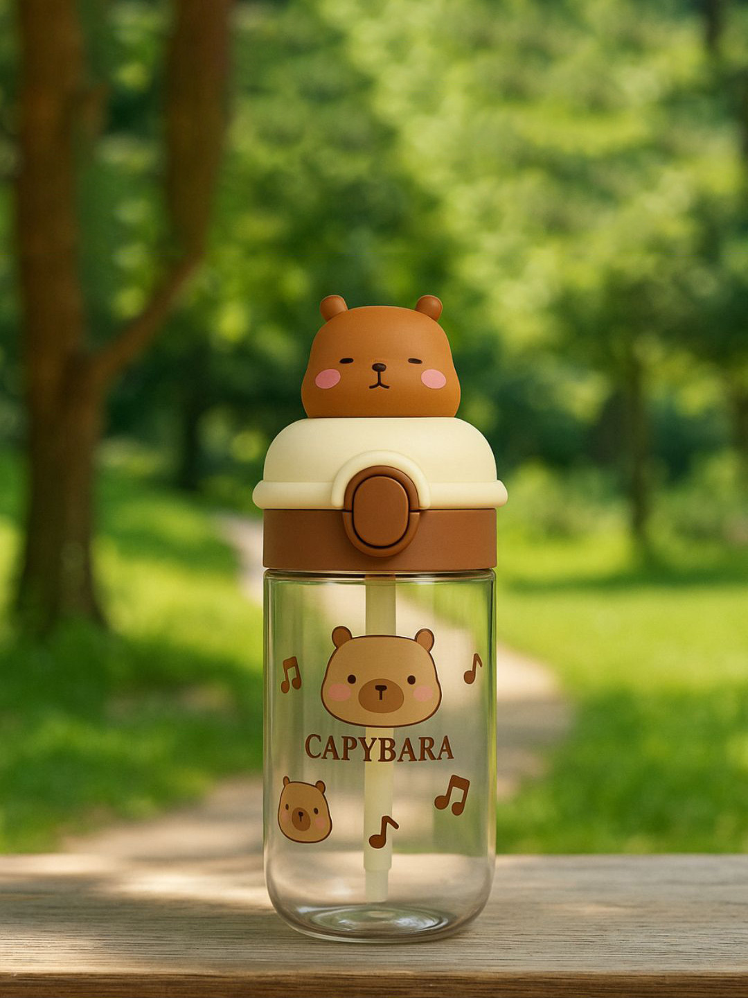 GUCHIGU Kids Brown & Cream Printed Leak-Proof Sipper Water Bottle With Straw 550ml