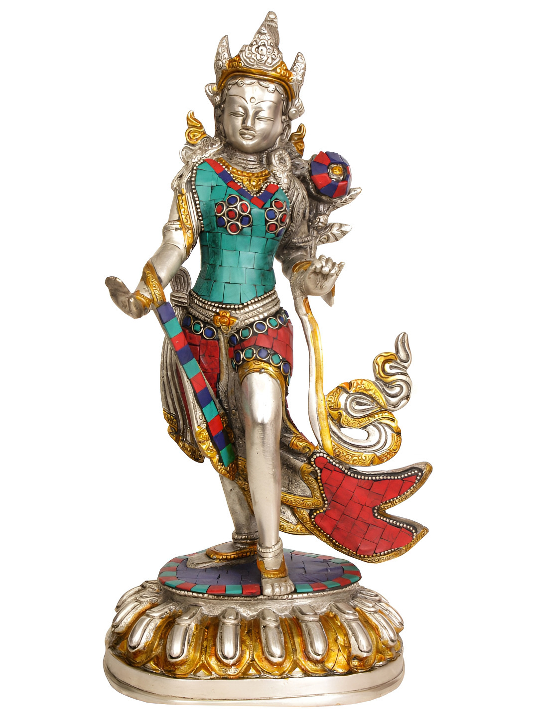 Exotic India Silver-Toned & Green Tara Religious Brass Idol Showpiece