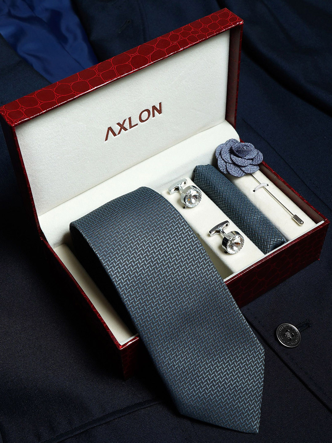 AXLON Men Woven design Tie Pocket Square Cufflink & Flower Pin Accessory Gift Set