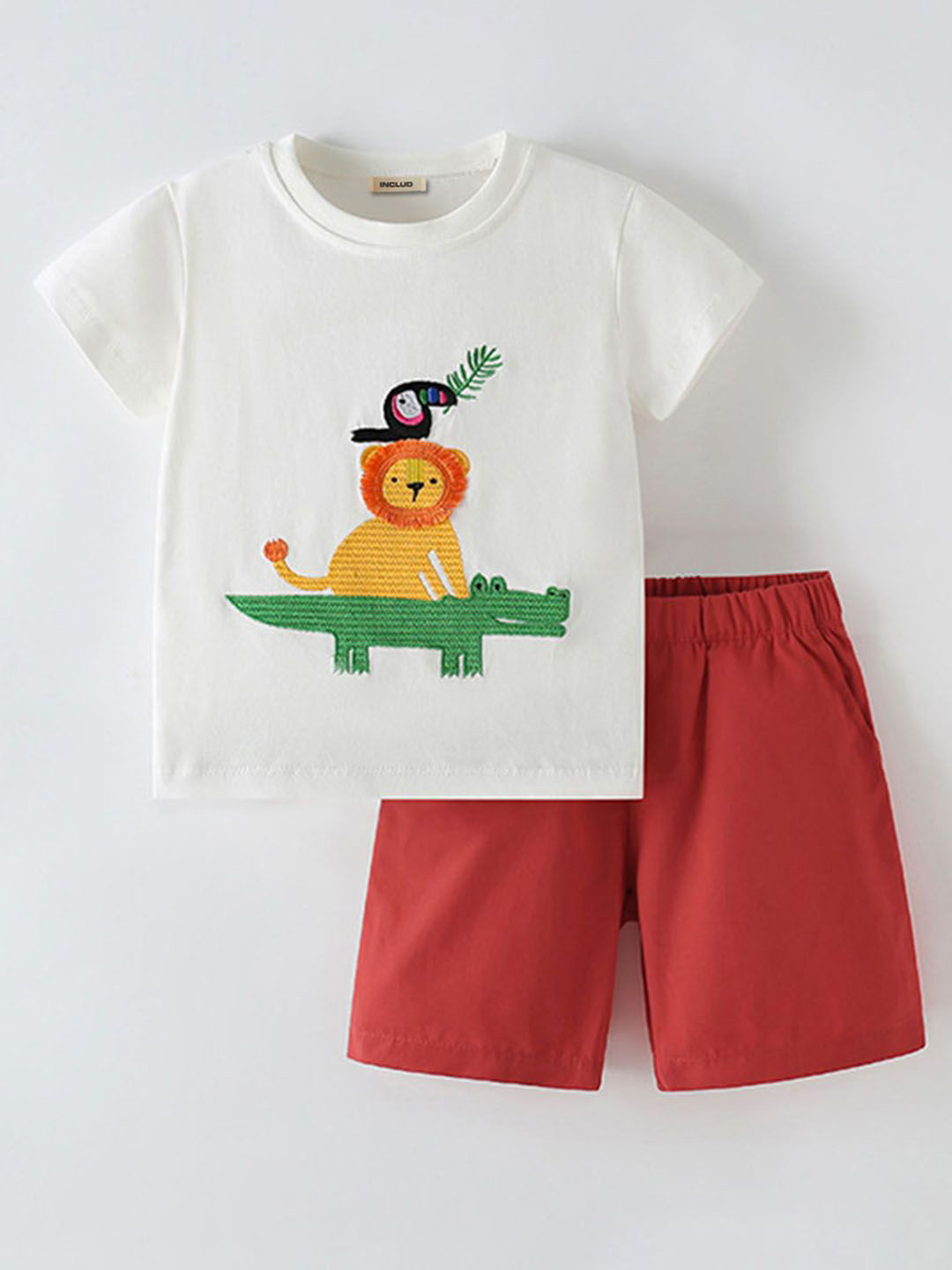INCLUD Girls Lion Embroidered Round Neck T-Shirt With Shorts
