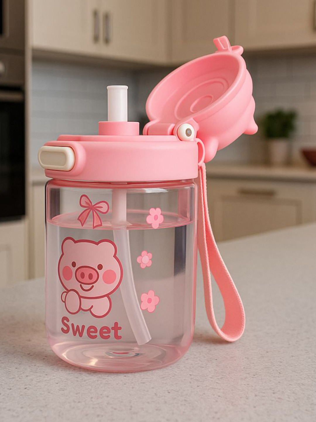 GUCHIGU Kids Pink Printed Leak-Proof Sipper Water Bottle With Straw 450ml