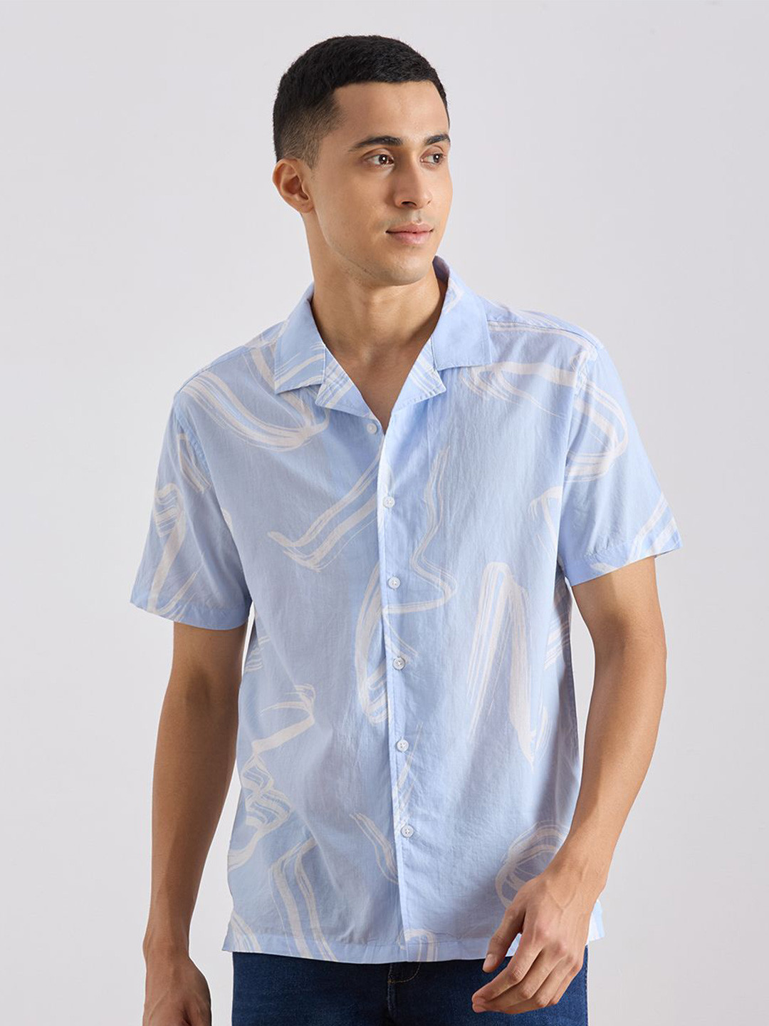 VALEN CLUB Abstract Printed Cuban Collar Cotton Casual Shirt