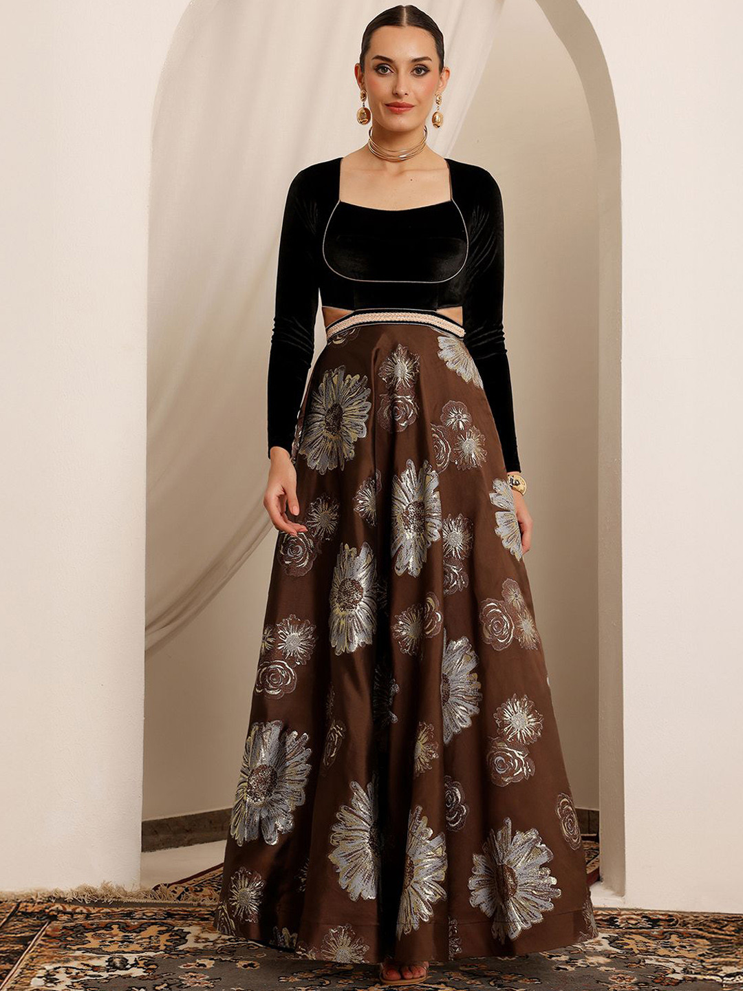 Miss Chase Women Choli Cut Long Sleeve Floral Cut-Out Maxi Ethnic Dress