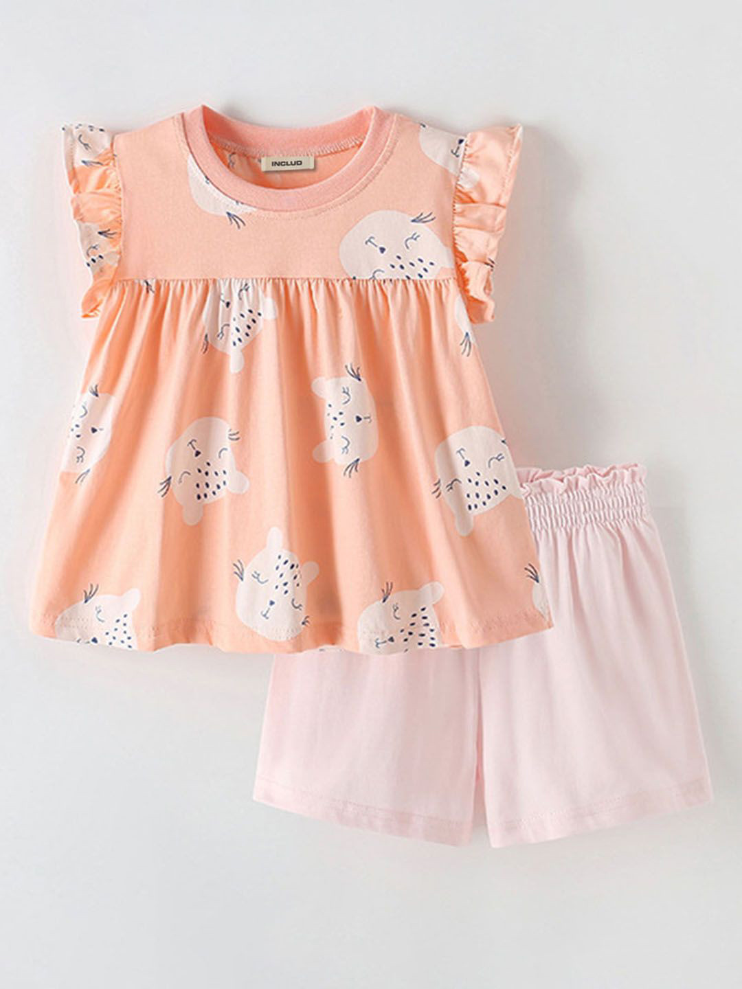 INCLUD Girls Cat Face Printed Top with Shorts