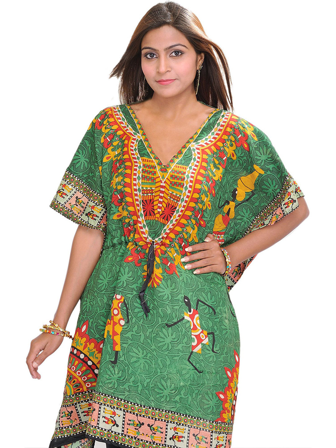 Exotic India Women Printed Short Kaftan with Dori at Waist