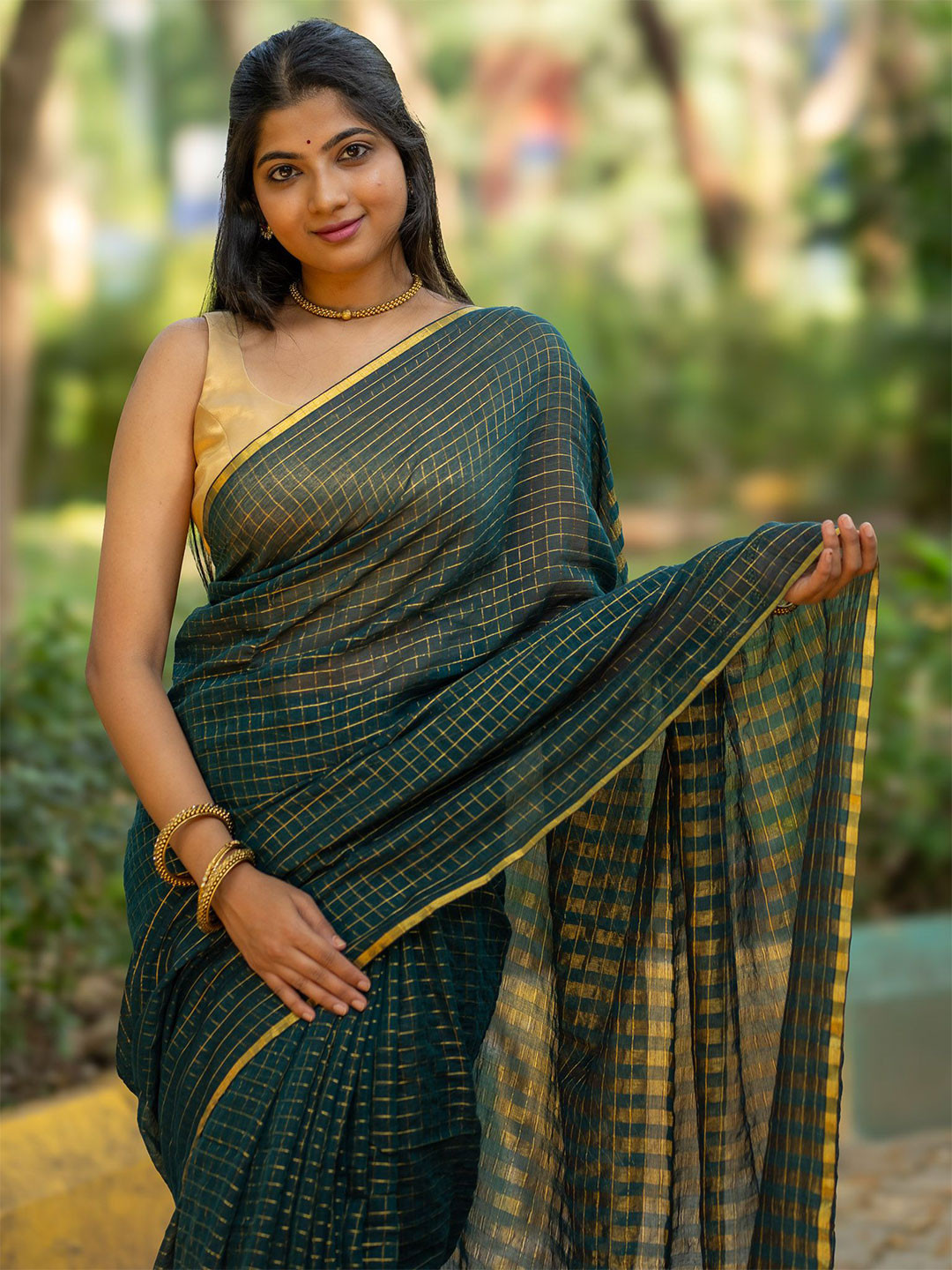 I LOVE SAREES Teal Green Bamboo Cotton Handloom Zari Checks Saree
