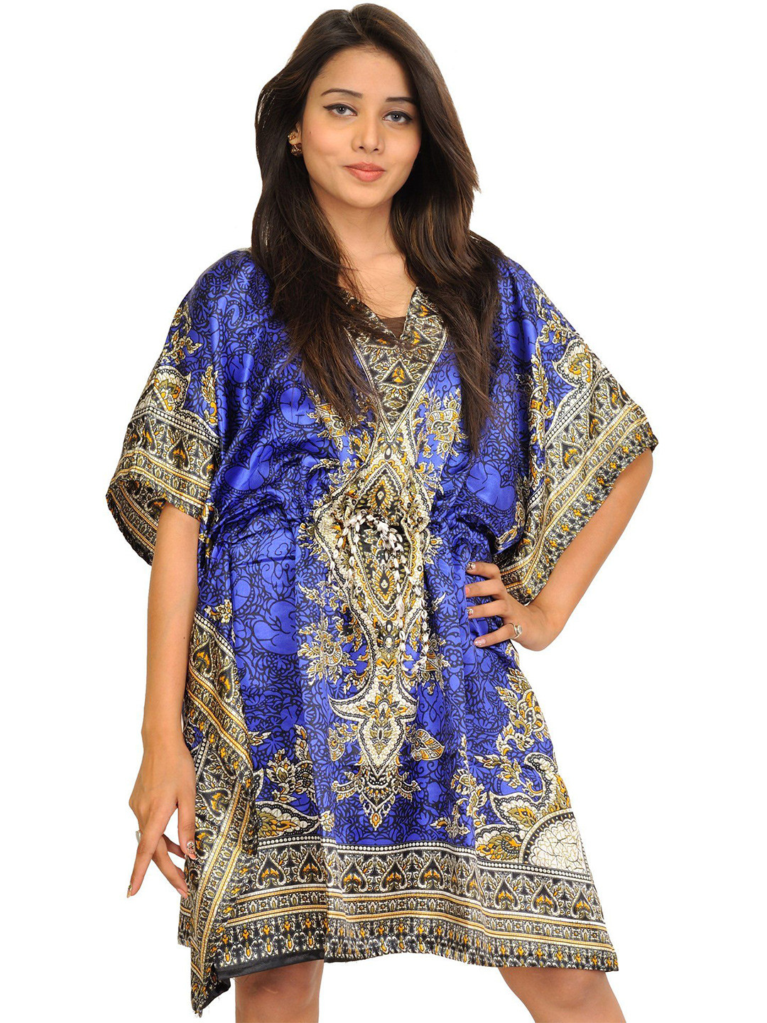 Exotic India Women Short Boho Kaftan with Floral Print and Dori on Waist Midi Dress