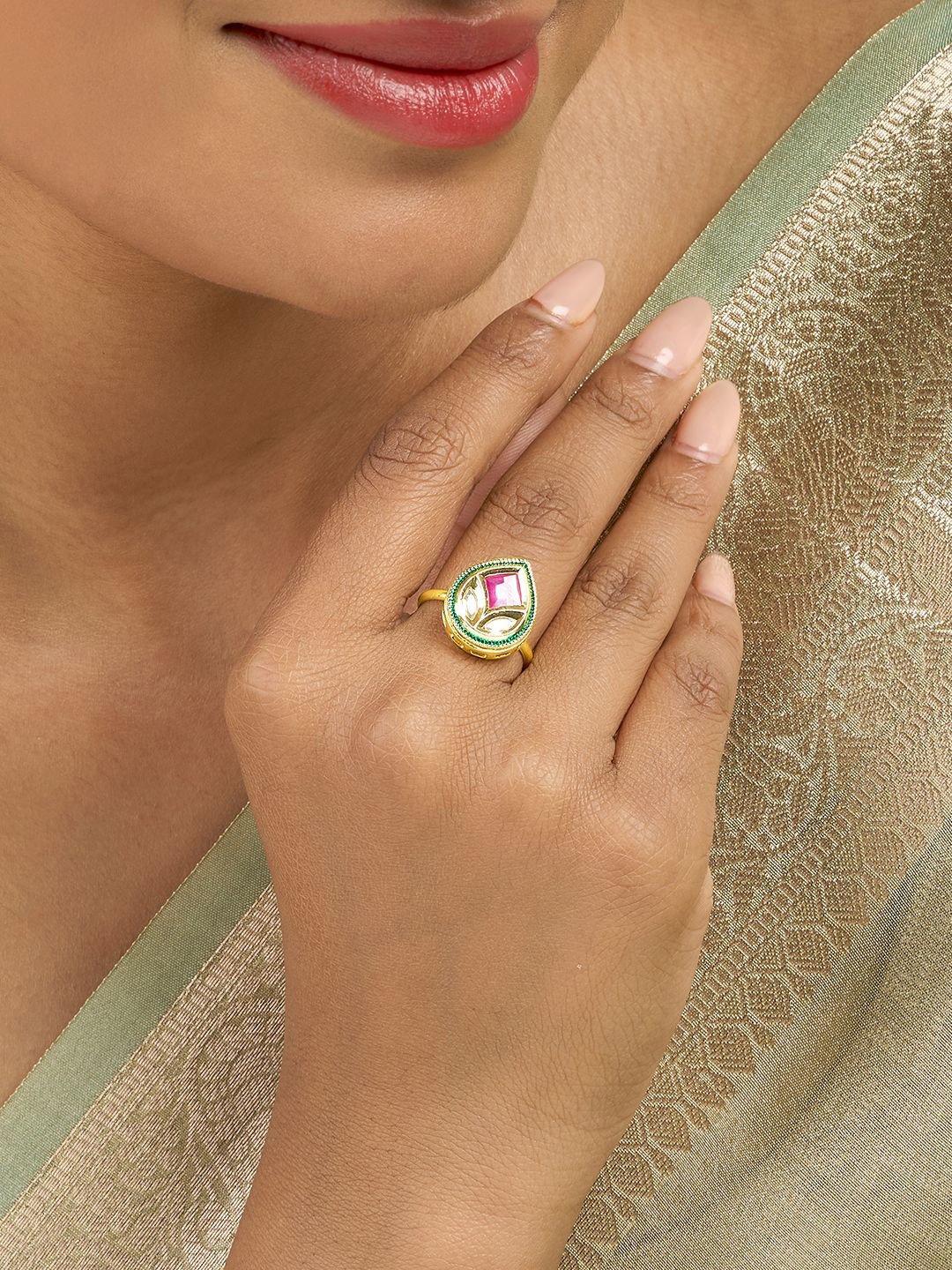TEEJH Gold-Plated Kalindi Stone-Studded Finger Ring