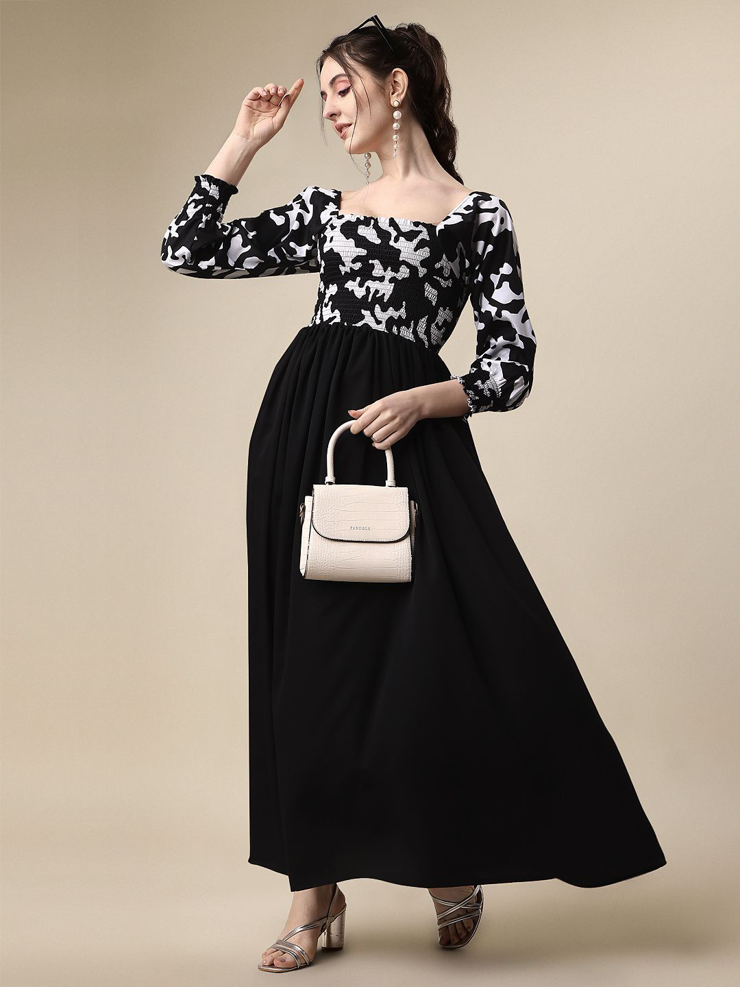 SHEETAL Associates Women Printed Cuffed Sleeves Smocked Detail Fit & Flare Maxi Dress