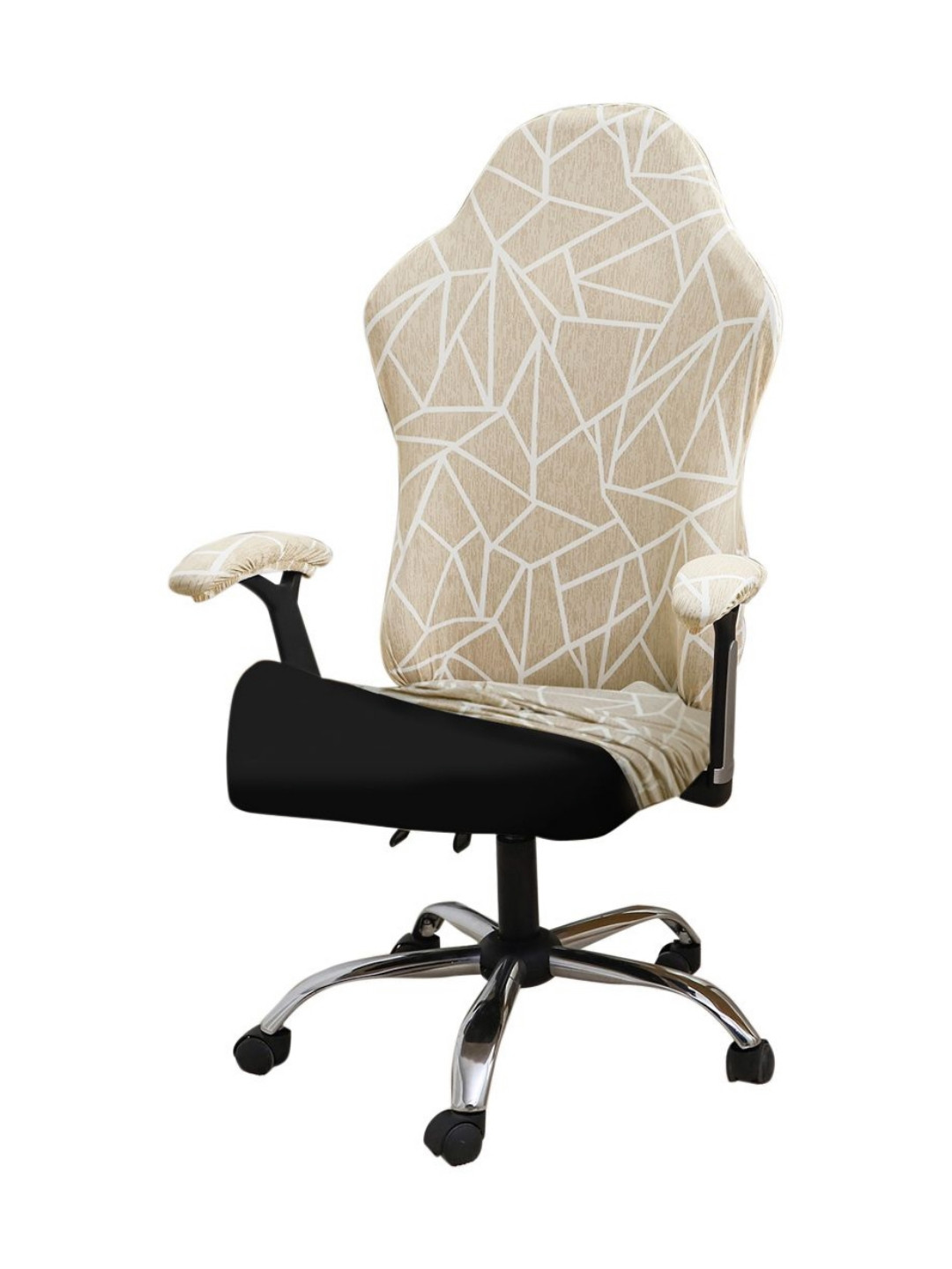 HOKIPO Beige & White Abstract Printed Stretchable Computer Rotating Gaming Chair Cover