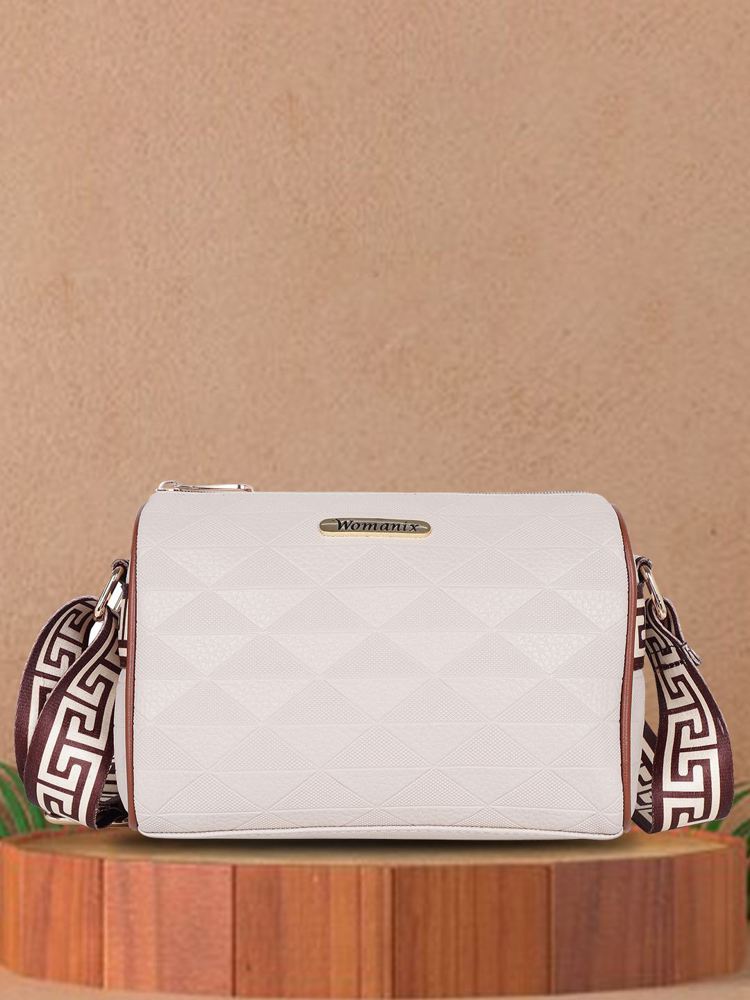 Womanix Geometric Textured Adjustable Strap Zip Detail Structured Sling Bag