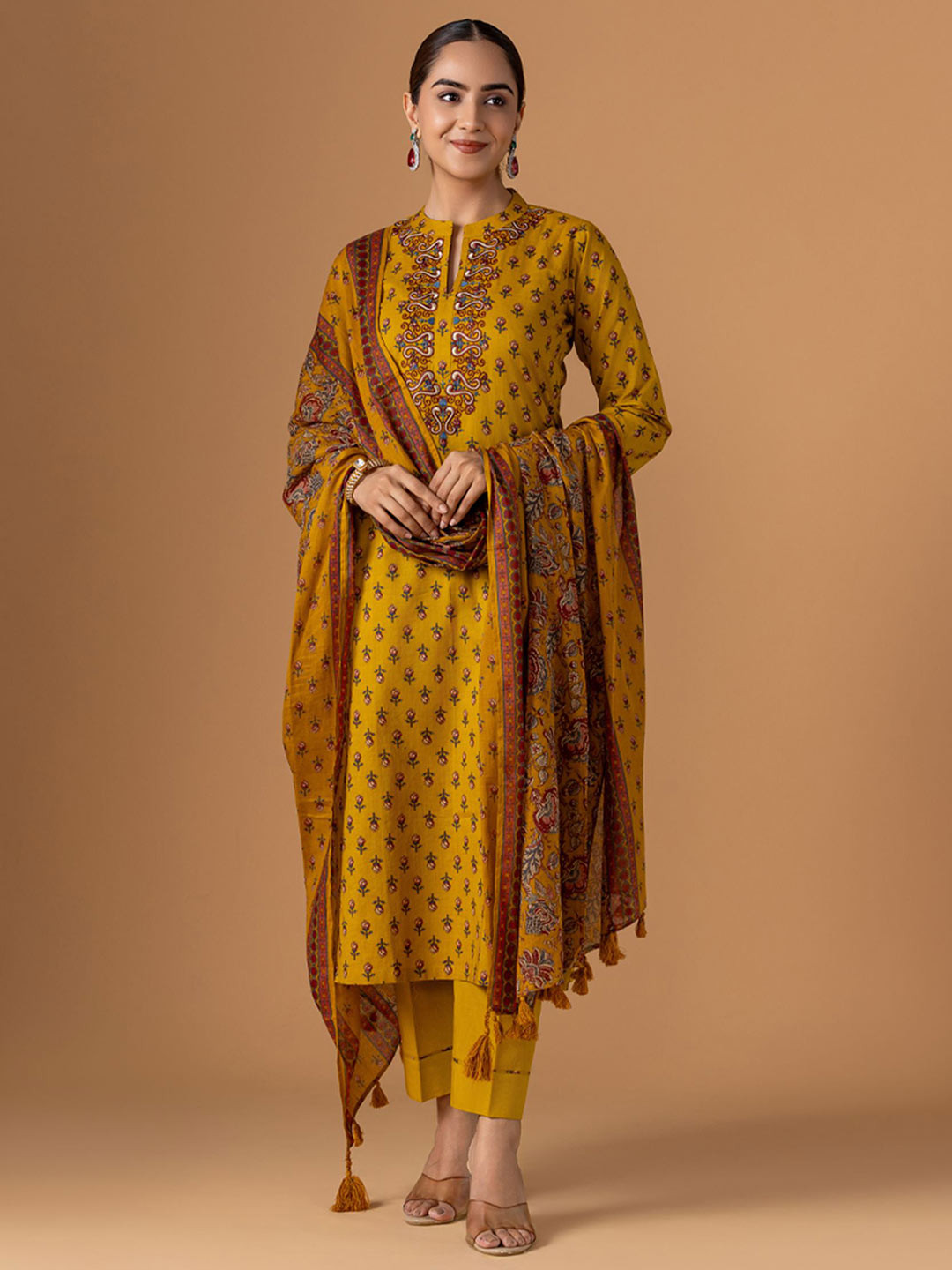 WOMEN PLUS Floral Printed Thread Work Pure Cotton Kurta With Trousers & Dupatta Set