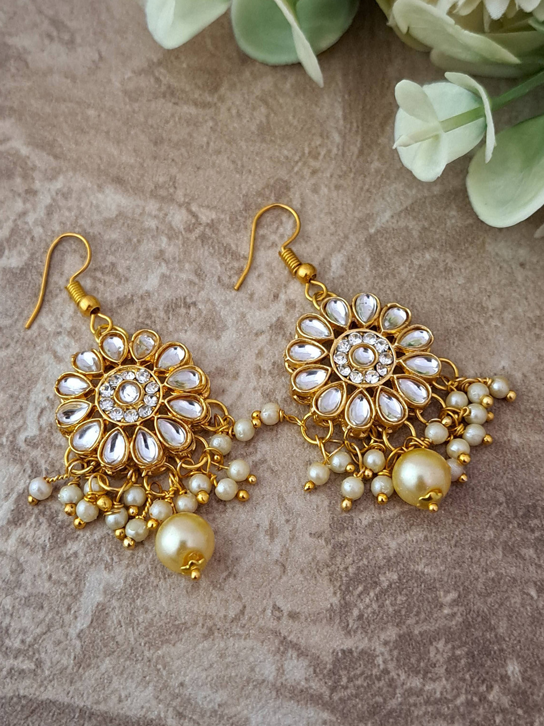 MERYCRAFT Gold Plated Kundan Stones Studded & Beaded Floral Drop Earrings