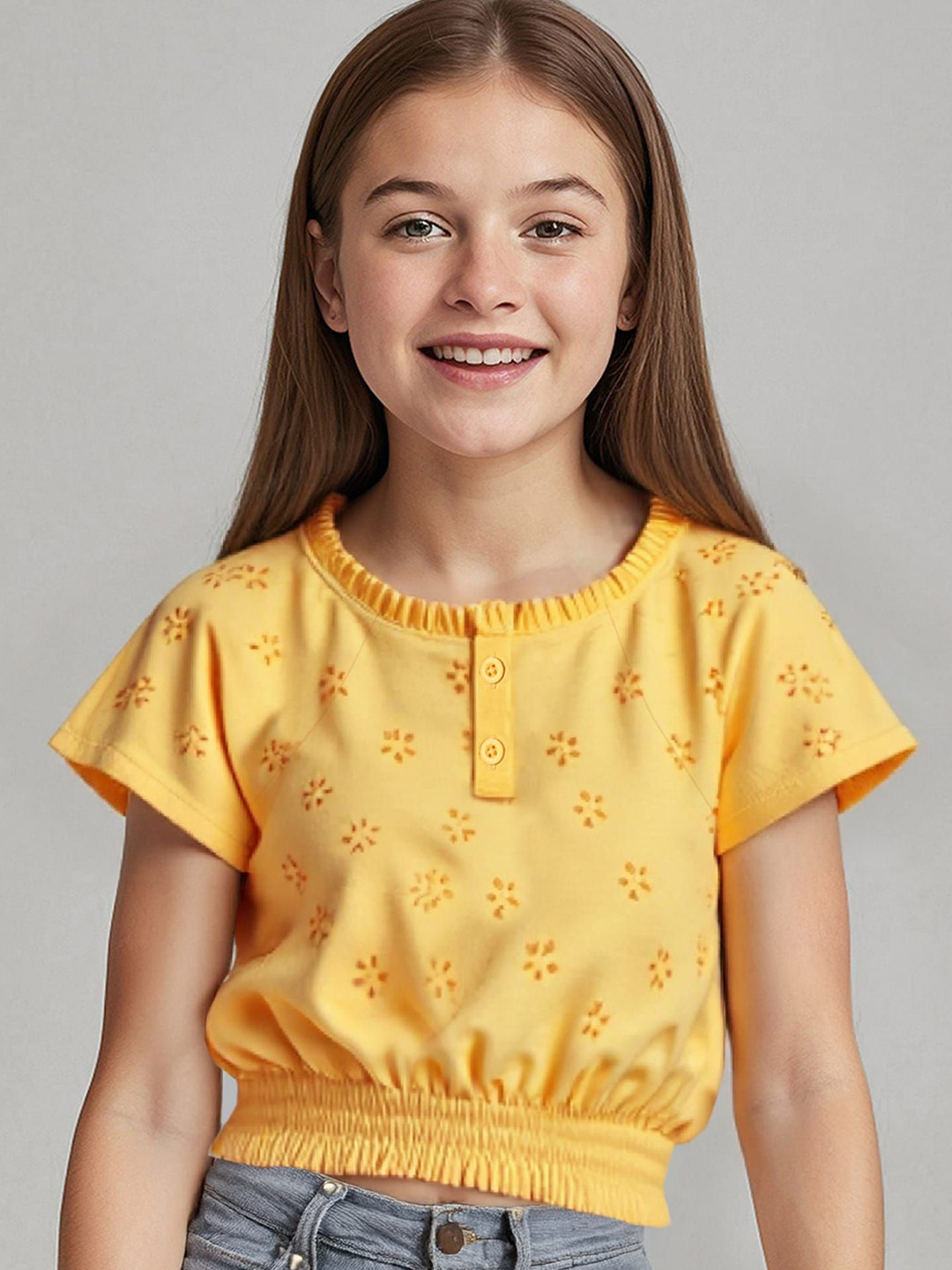 ARIAS By LARA DUTTA Girls Self Design Smocking Cotton Top