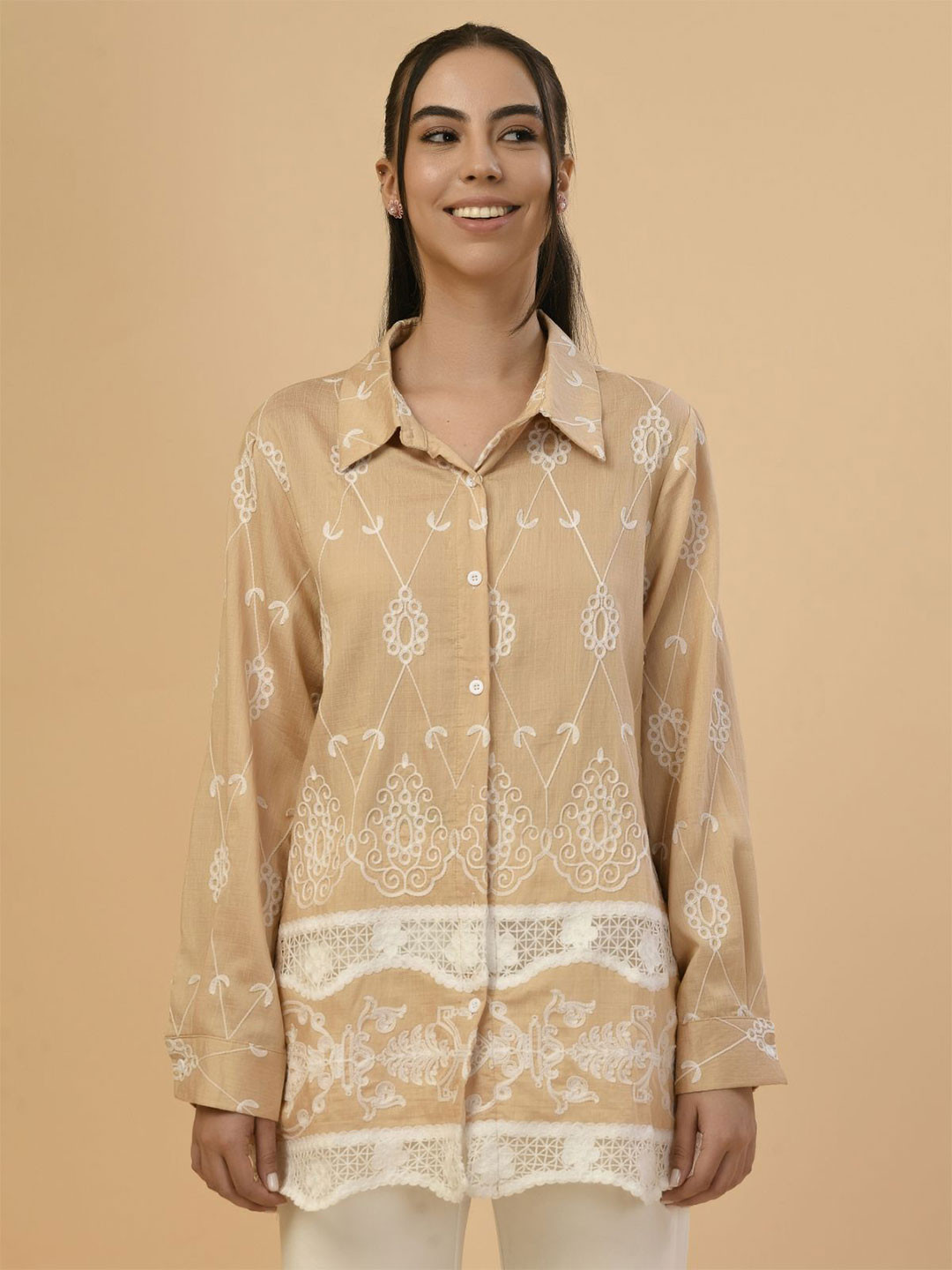 Albion By CnM Women Embroidered Lace Inserts Cuffed Sleeves Cotton Shirt Style Top