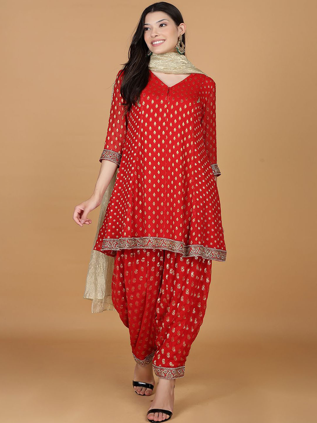 MILU MADAN Floral Printed V Neck Panelled Georgette Kurta With Salwar & Dupatta