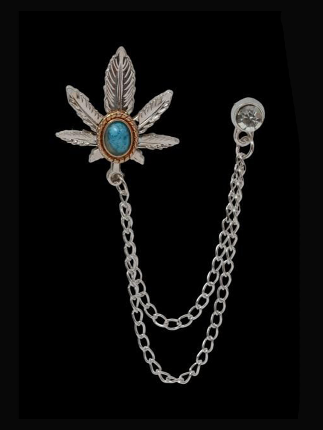 Curren Exclusive Silver Maple Leaf with Stone Detailing Hanging Chain Statement Brooch