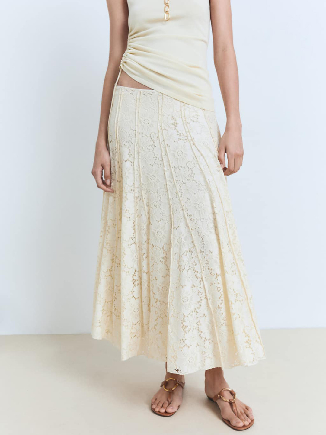 MANGO Mid-Rise Lace Inserts A-Line Panelled Maxi Skirt