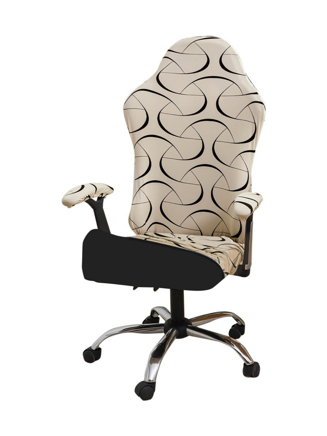 HOKIPO Beige & Black Abstract Printed Stretchable Computer Rotating Gaming Chair Cover