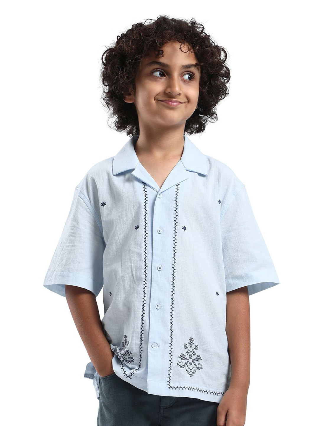 RARE ONES Boys Lucy Light Floral Embroidered Cuban Collar Cotton Shirt