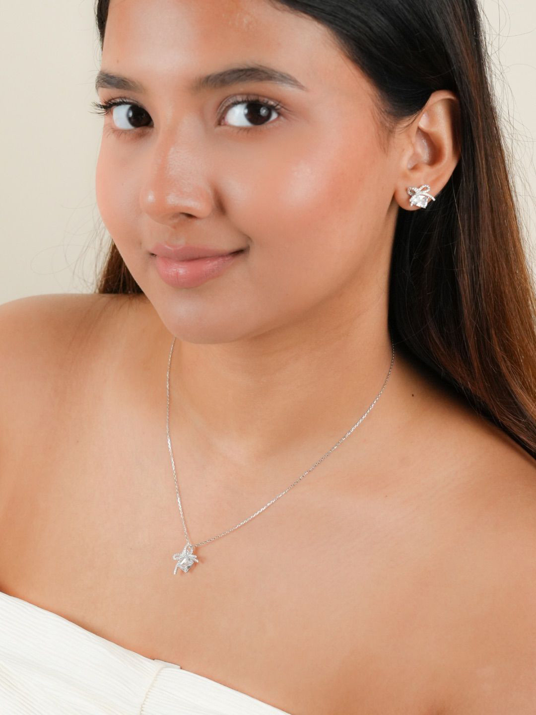 Tora 925 Sterling Silver Rhodium Plated & CZ Studded Jewellery Set