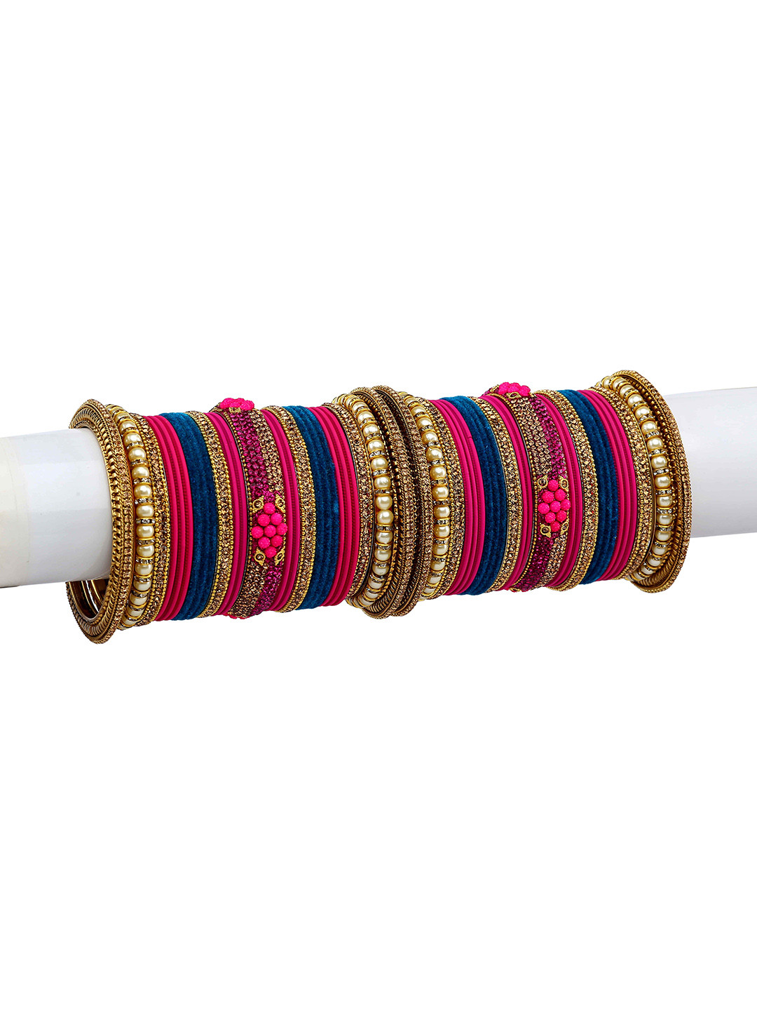 Amika Set Of 50 Gold-Plated Stone-Studded & Beaded Bangles