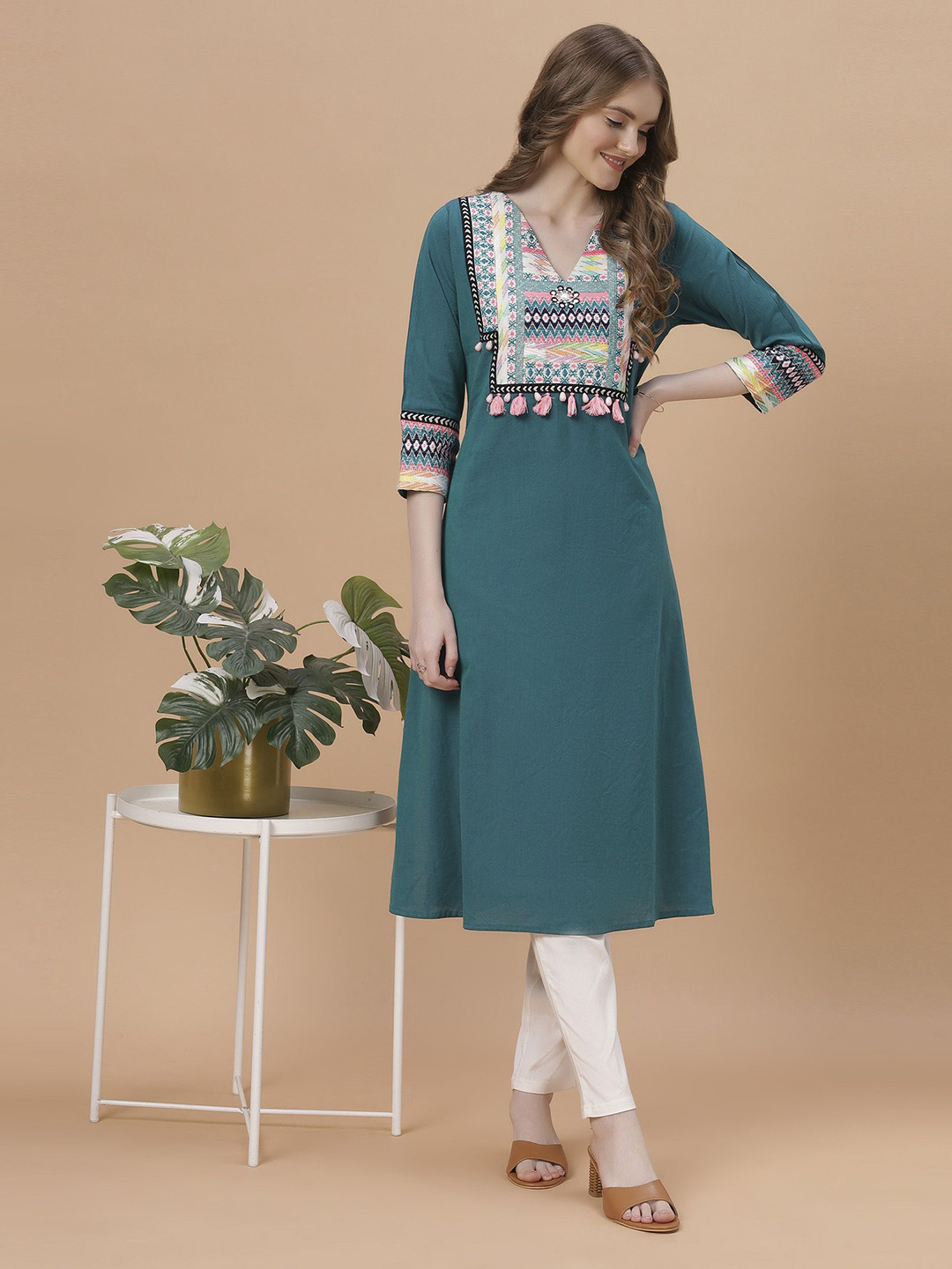 FANTASIA Floral Yoke design V Neck Cotton Straight Kurta