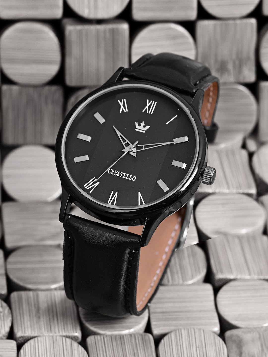 CRESTELLO Men Solid Dial & Leather Straps Analogue Watch CR-BK044-BLACK