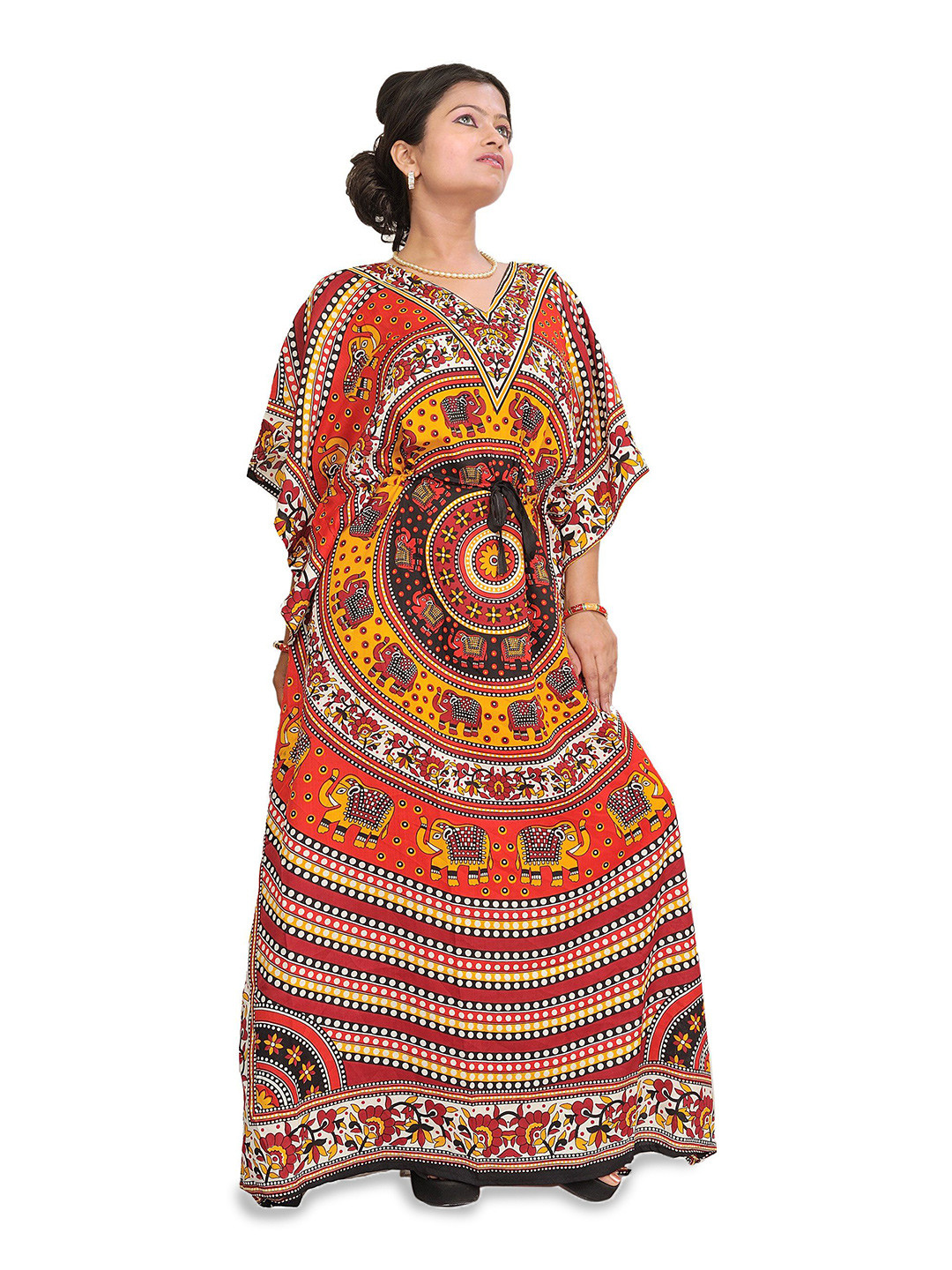 Exotic India Women Kaftan with Printed Elephants and Dori at Waist