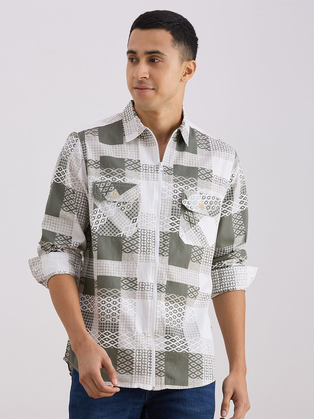 VALEN CLUB Geometric Printed Spread Collar Cotton Casual Shirt