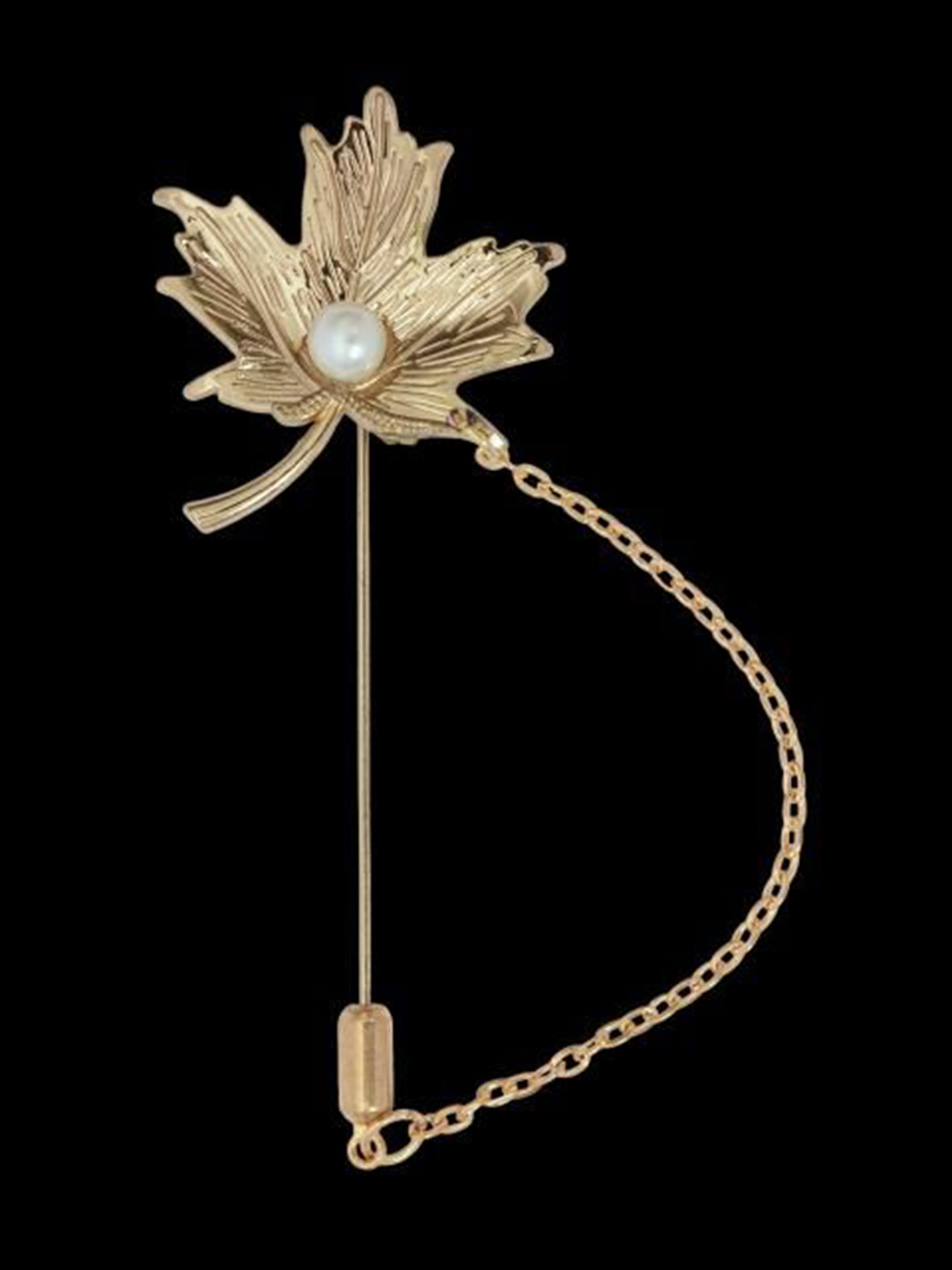 Curren Men Rose Plated Pearls Studded Maple Leaf Lapel Pin Brooch