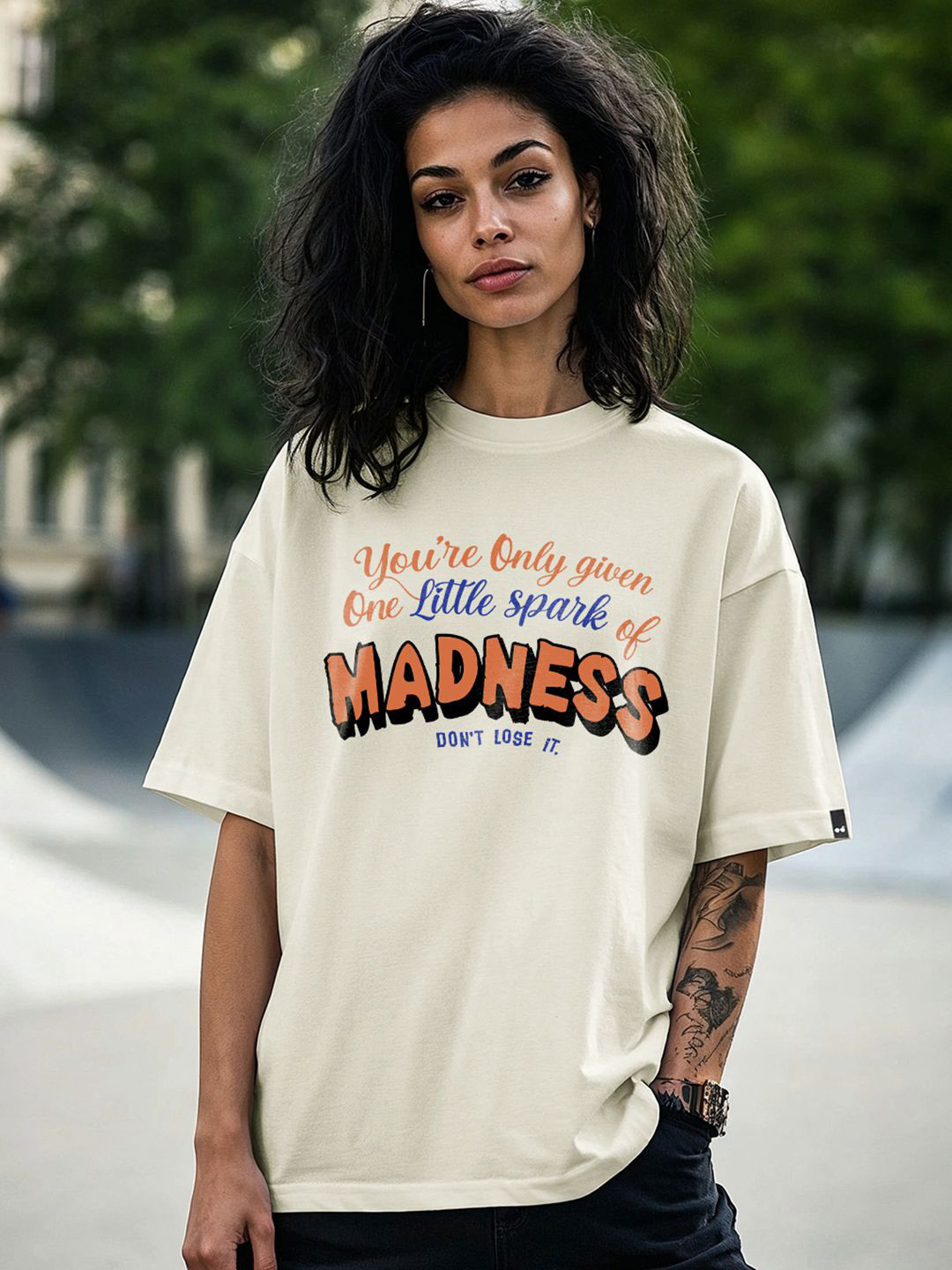 Bewakoof Women's Beige Madness Typography Oversized T-shirt