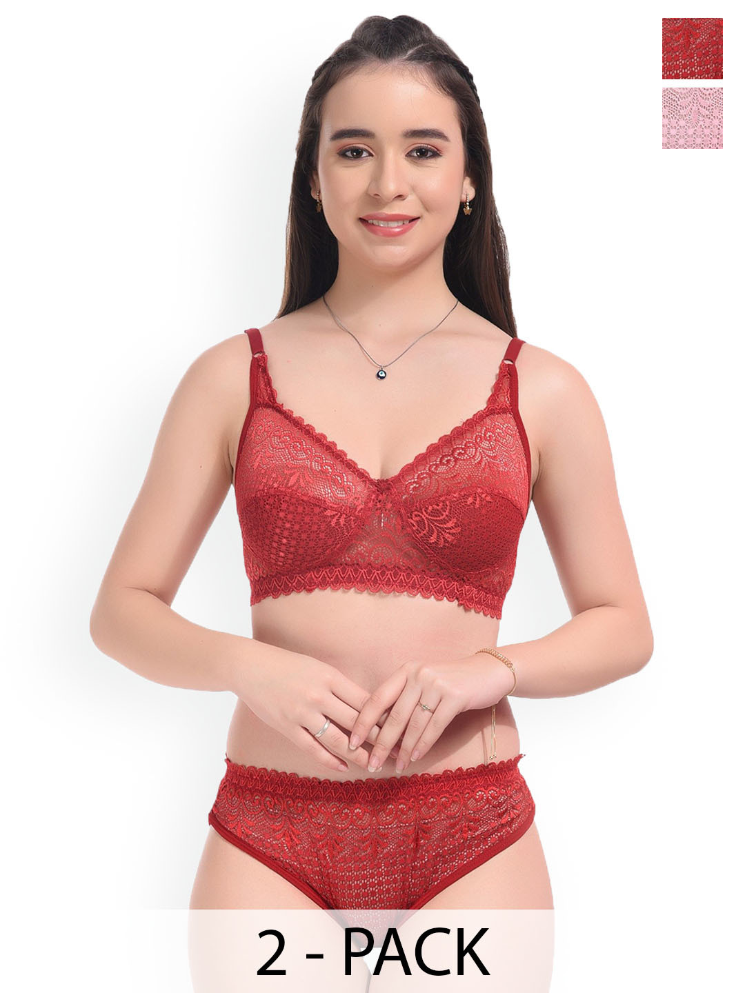 DHANDAI FASHION Pack Of 2 Self Design Lingerie Sets Decent Set-Maroon Pink (M-2-2P)