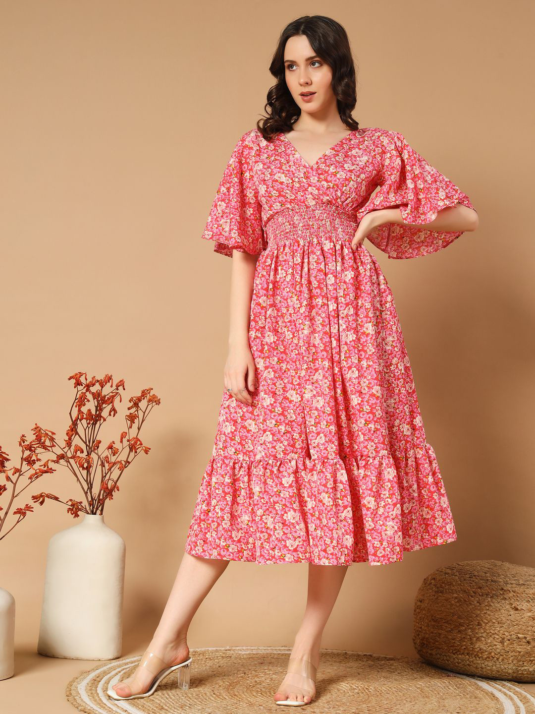 LookShine Floral Print Flared Sleeve Fit and Flare Midi Dress