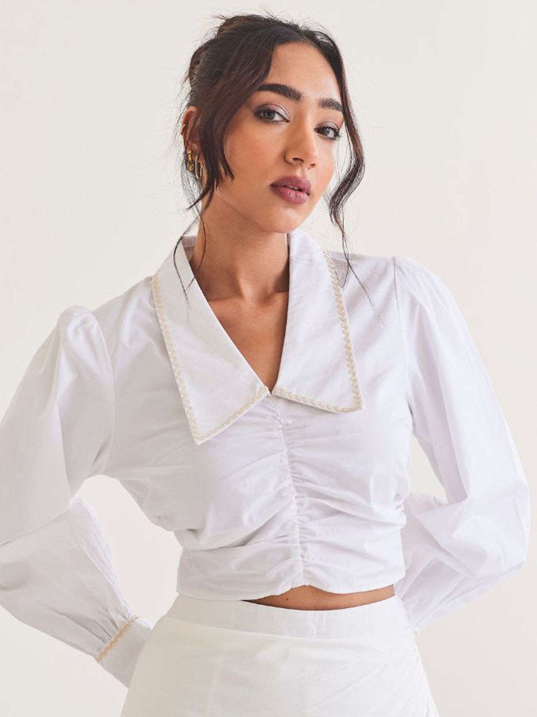 Urban Suburban Women Shirt Collar Cuffed Sleeves Cotton Blouson Crop Top