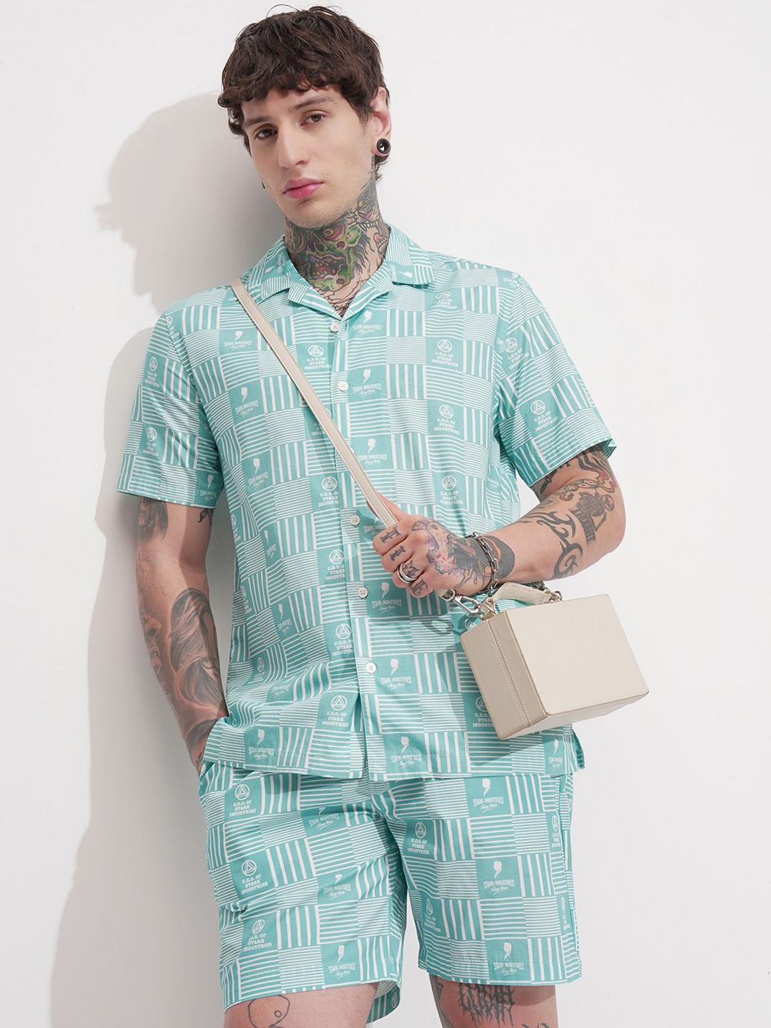 HIGHLANDER Marvel Iron Man Printed Collar Neck Cotton Shirt With Shorts Co-Ords