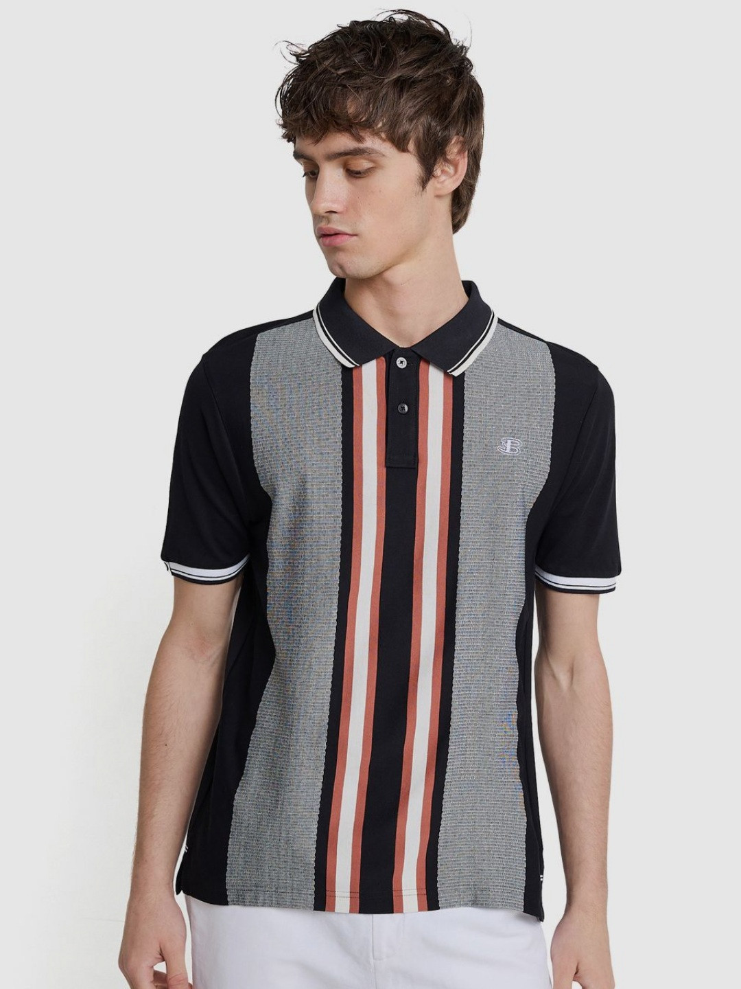 BEN SHERMAN Multi or Variegate Striped Printed Polo Collar Cotton T-shirt