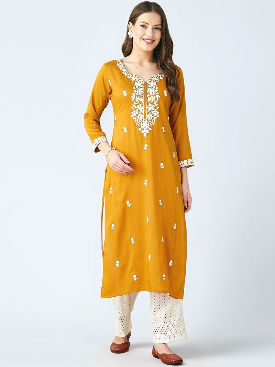 Colors of Earth Women Woven Design Embroidered Kurta with Trousers