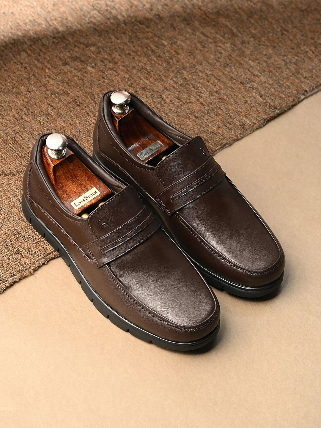 LOUIS STITCH Brunette Brown Leather Comfortable Slip-On Moccasins for men