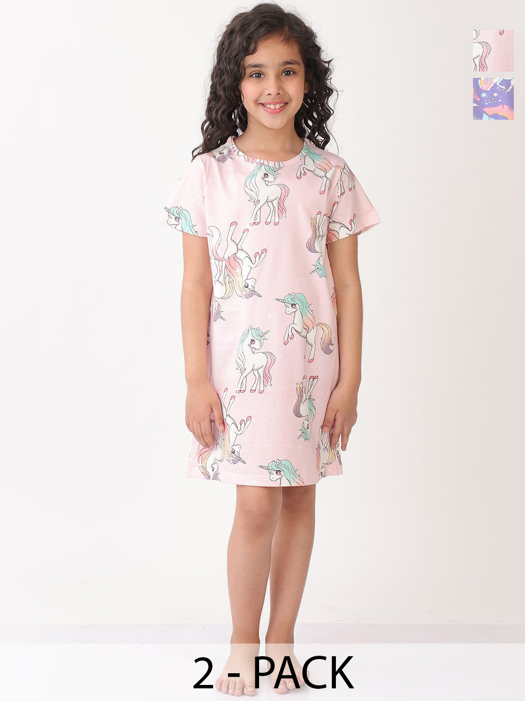 Anthrilo Girls Pack of 2 Unicorn Star And Planet Printed Pure Cotton Nightdress
