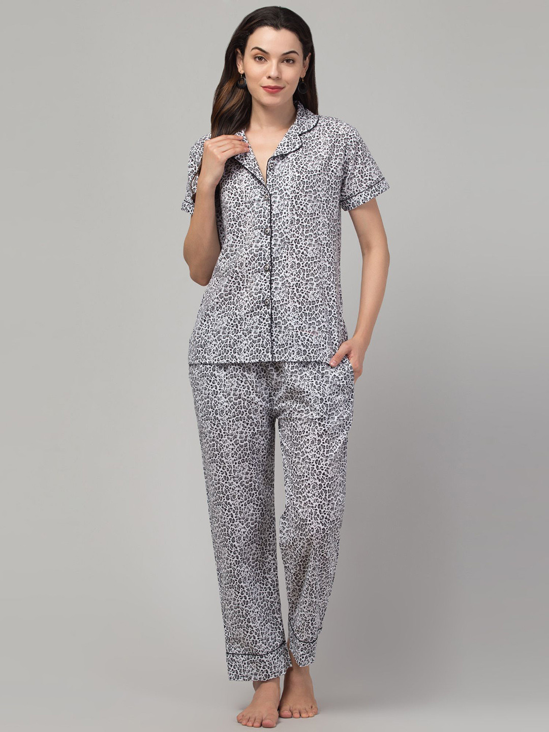 CROWN KING Women Animal Printed Pure Cotton Night Shirt With Pyjamas