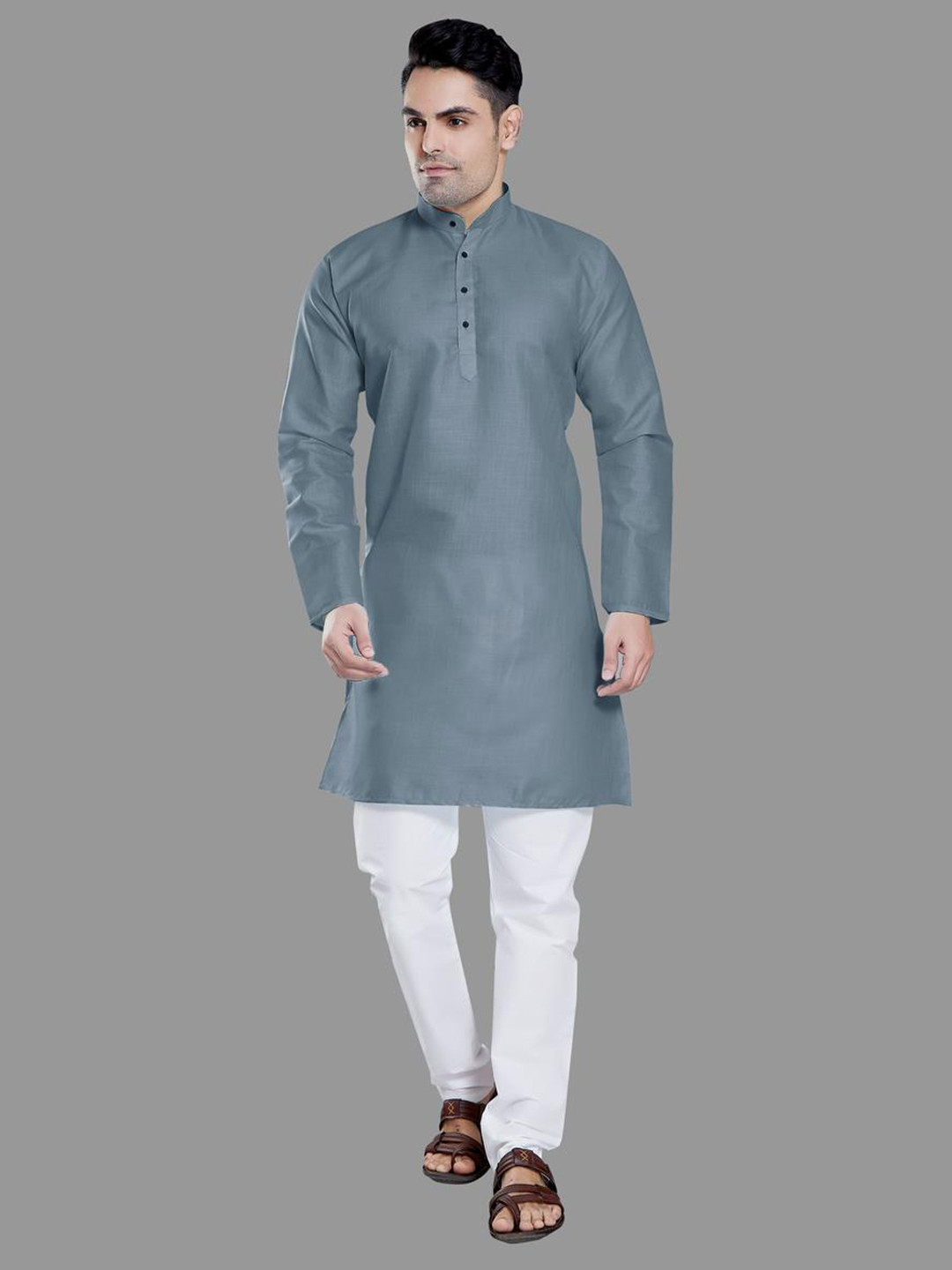 PulseIQ Grey Cotton Blend Solid Kurta Sets